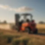 Standing forklift in a field