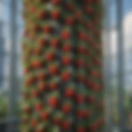 Vertical aquaponics tower showcasing vibrant strawberry plants