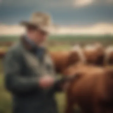 Cattle farmer analyzing data on a digital device to enhance herd management decisions