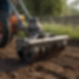 A close-up view of a landscape tiller working the soil in a garden.