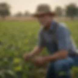 A farmer inspecting soybean crops in a lush field.