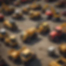A diverse range of used construction equipment available at a dealer's lot