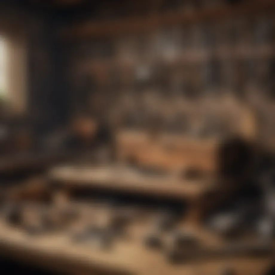 An intricate collection of vintage woodworking tools displayed on a rustic workbench.