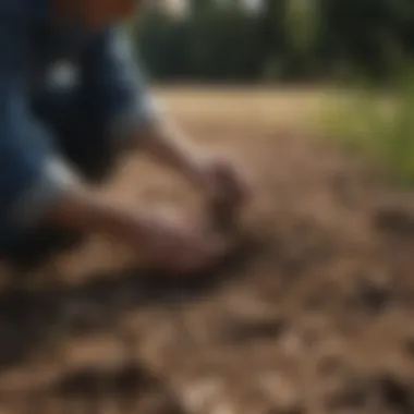 Farmers examining soil health with oats in the background