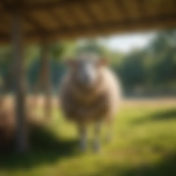 Sheep under a shade structure in a lush green pasture