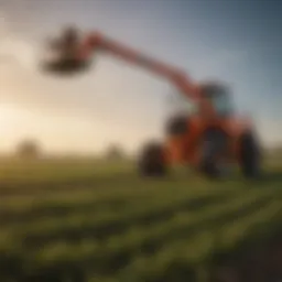 Boom lift attachment mounted on a tractor in a field