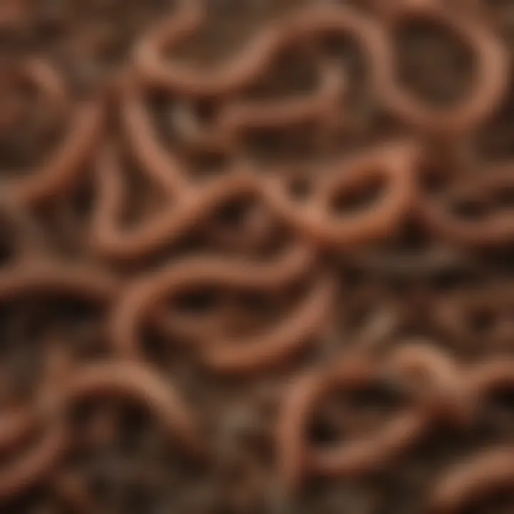 Close-up of compost worms in rich organic material