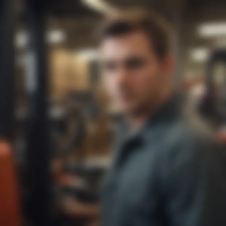 Forklift operator focused on a task under artificial lighting