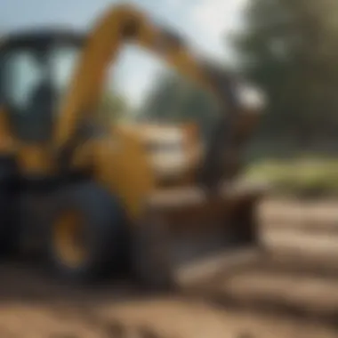 Close-up view of a track loader attachment in action on a farm.