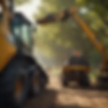 An agricultural worker assessing track loader attachment features and specifications.