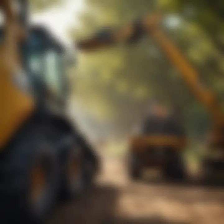 An agricultural worker assessing track loader attachment features and specifications.