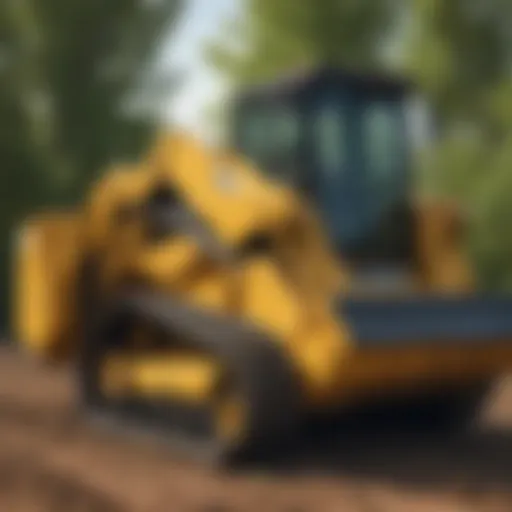 A diverse range of track loader attachments displayed in an agricultural setting.