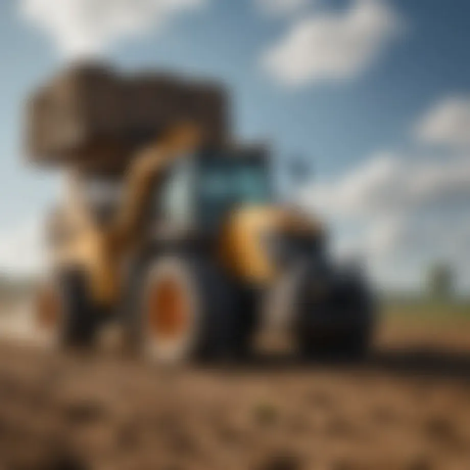Used loader working in a field