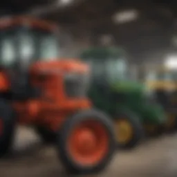 A variety of used tractors displayed at a dealership in Texas.