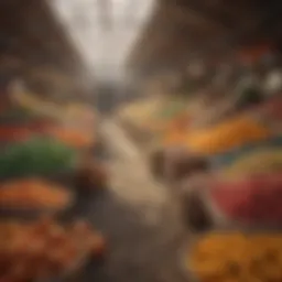 A vibrant marketplace showcasing various farm commodities.
