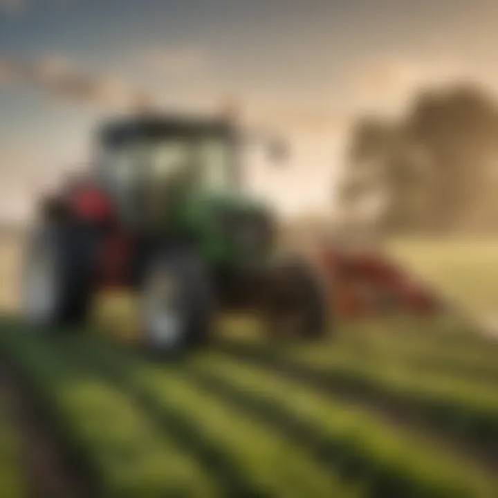 A farmer operating a three point hitch sprayer in a field