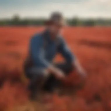 Assessing Red Buckwheat Crop Health A farmer assessing the health of a red buckwheat crop in a sustainable agricultural setting.