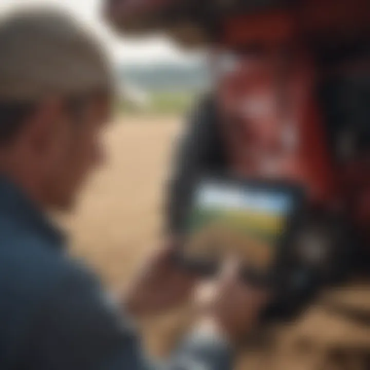 Close-up of a farmer using a machinery locator on a tablet