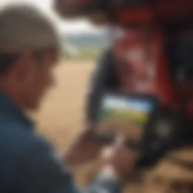 Utilizing Technology for Precision Farming Close-up of a farmer using a machinery locator on a tablet
