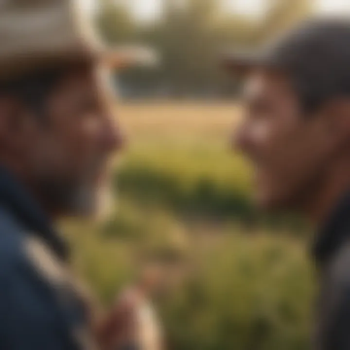 Farmers discussing grant opportunities in a field