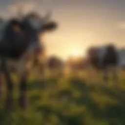 A serene pasture with healthy dairy cows grazing under the sun.