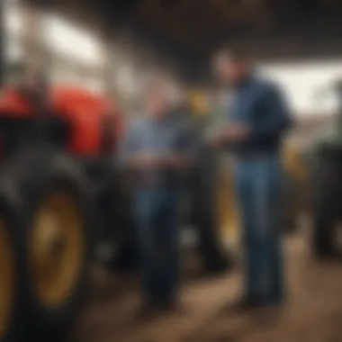 Evaluating Equipment with Trustworthy Dealers A farmer evaluating equipment with a dealer