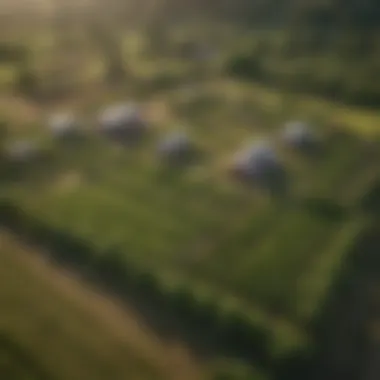 An aerial view of a diversified organic farm layout