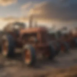 A collection of abandoned Ford tractors in a scrap yard
