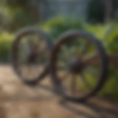 Different materials used for garden cart wheels displayed side by side