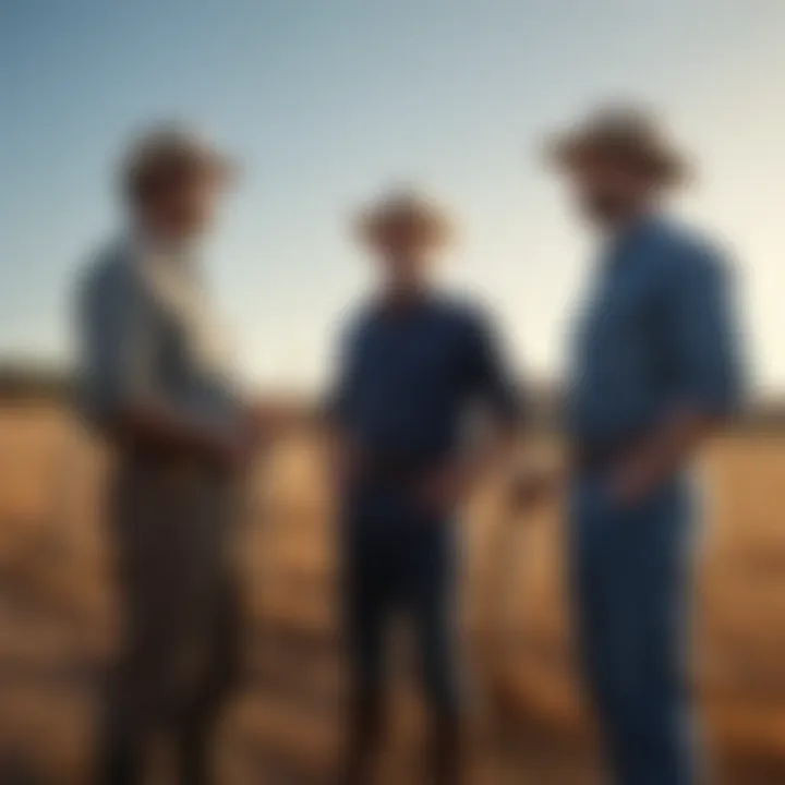 Farmers discussing fencing solutions under a blue sky