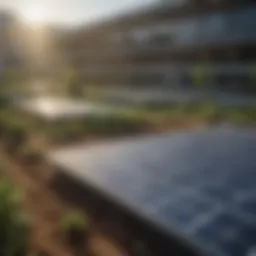 A government building with solar panels and green infrastructure.