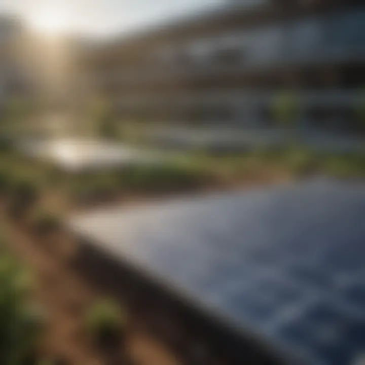 A government building with solar panels and green infrastructure.