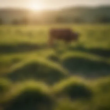 A lush green pasture where grass-finished cattle graze peacefully under the sun.