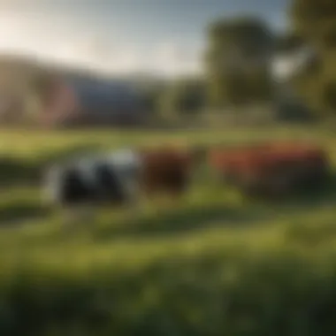 A vibrant farm scene illustrating sustainable agricultural practices with cattle and crops harmoniously coexisting.