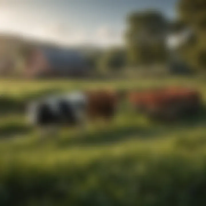 A vibrant farm scene illustrating sustainable agricultural practices with cattle and crops harmoniously coexisting.