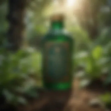 Close-up of the Green Cure fungicide bottle with a backdrop of lush green plants