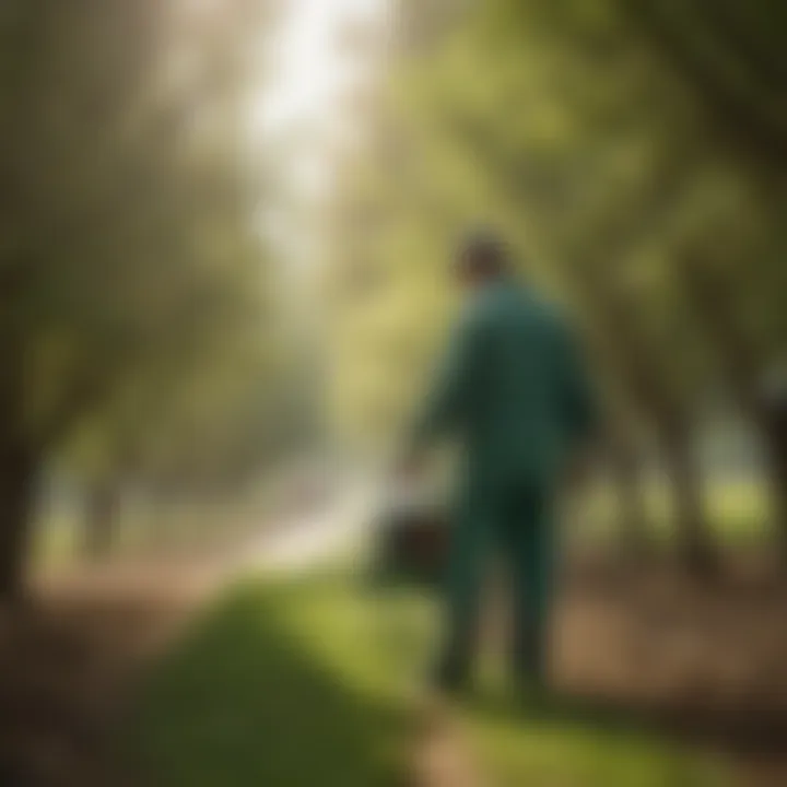 A farmer applying Green Cure fungicide with a sprayer in a thriving orchard