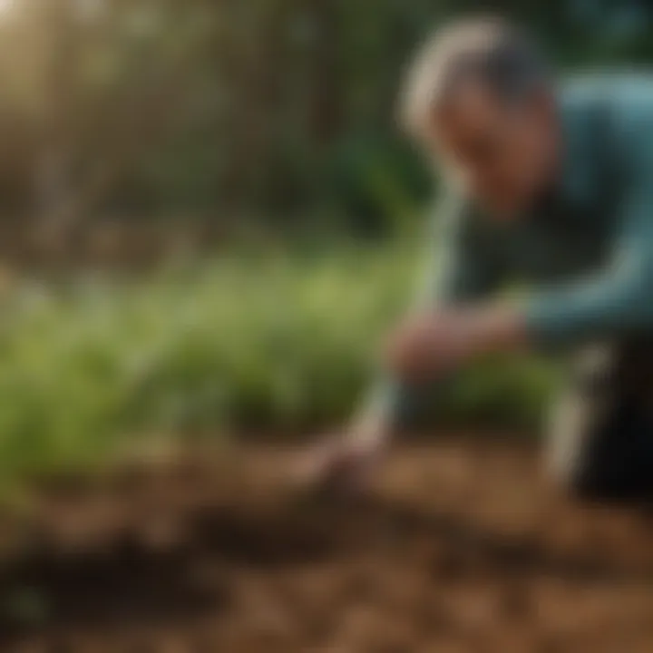 An agricultural expert examining soil samples for fungal presence, with Green Cure fungicide in the foreground