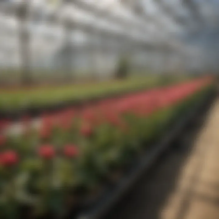 An efficient greenhouse layout utilizing large trays for optimal plant growth.