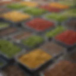 Close-up view of various types of greenhouse seed trays showcasing their unique designs.