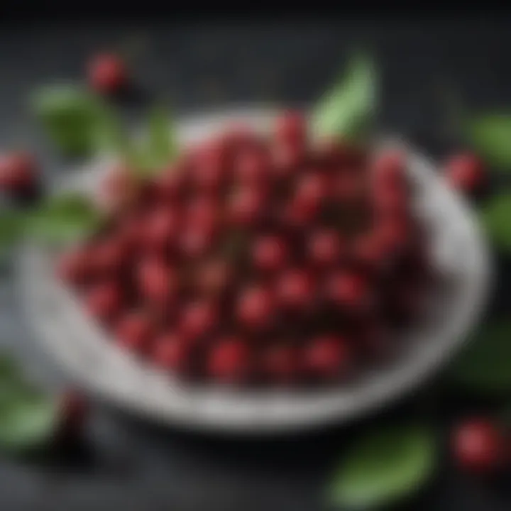 Cherries scattered on a plate with green leaves