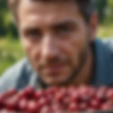 A person enjoying cherries in a serene outdoor setting