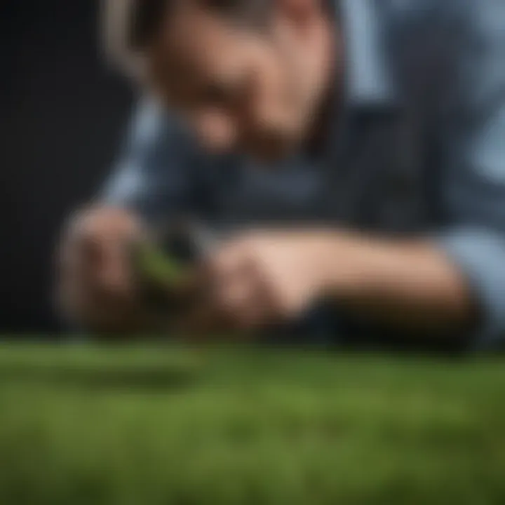 An expert agronomist analyzing a turf sample, focusing on the benefits of heel attachment for grass health.