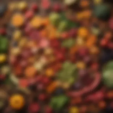 An array of freeze-dried fruits and vegetables displayed on a wooden table.