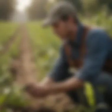 Responsible Application Techniques A farmer examining crops, highlighting responsible herbicide application techniques in practice.