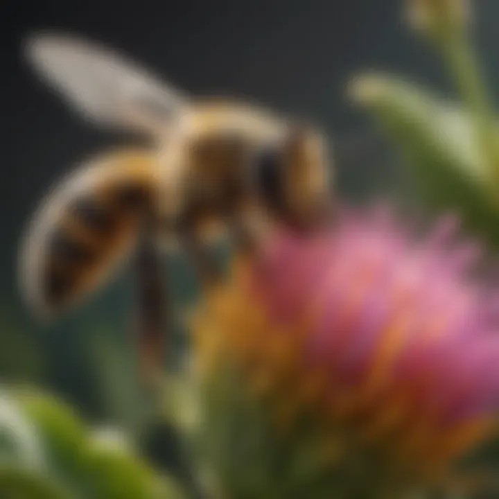 A close-up view of a bee pollinating a flower, emphasizing the critical role of bees in agriculture.