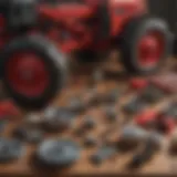 A close-up view of various farm equipment parts arranged on a wooden table