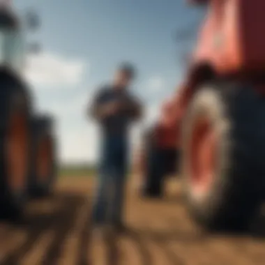 A farmer inspecting high-tech machinery equipped with advanced technology