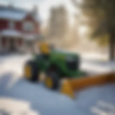 John Deere garden tractor with snow blower in action clearing snow