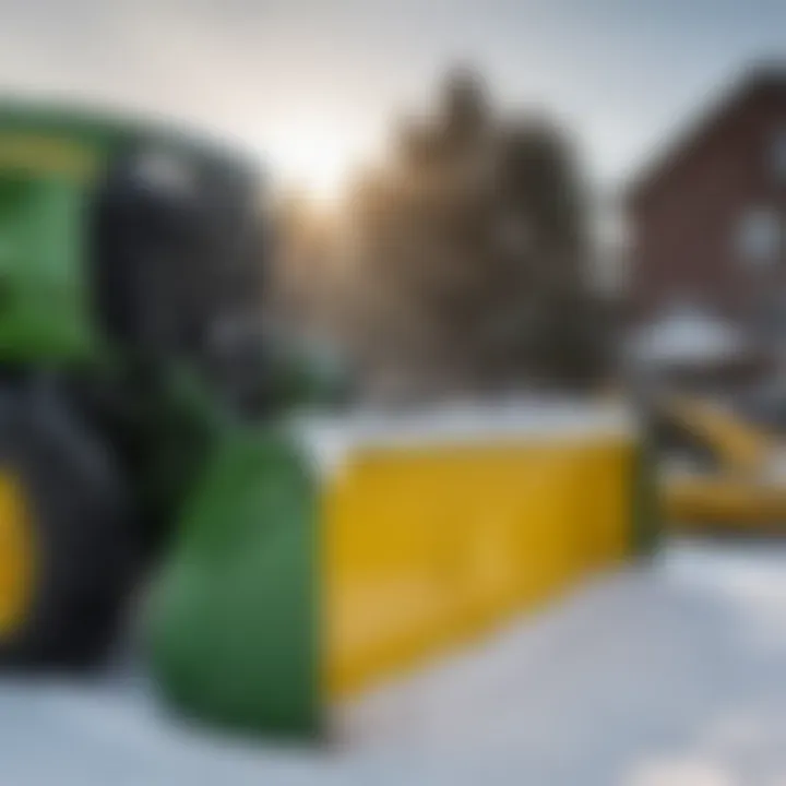 Close-up of the snow blower attachment on a John Deere tractor